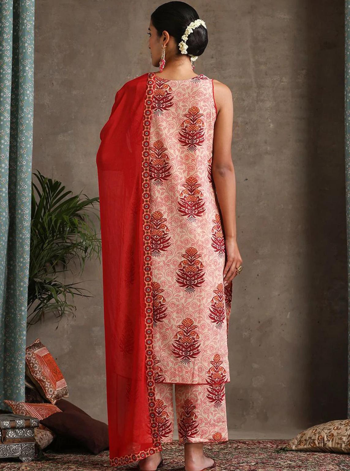 LAEMEEO Women's Ethnic Motifs Printed Regular Pure Cotton Kurta Pant & With Dupatta