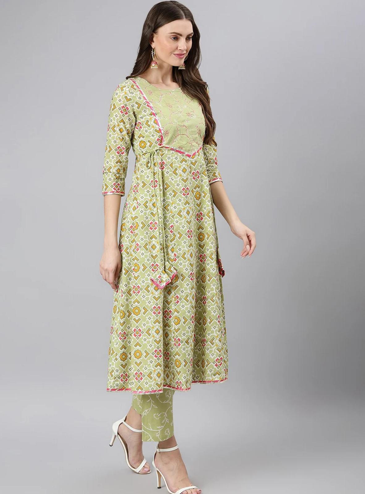 LAEMEEO Women's Green & Pink Printed Pure Cotton Kurta with Pant & Dupatta