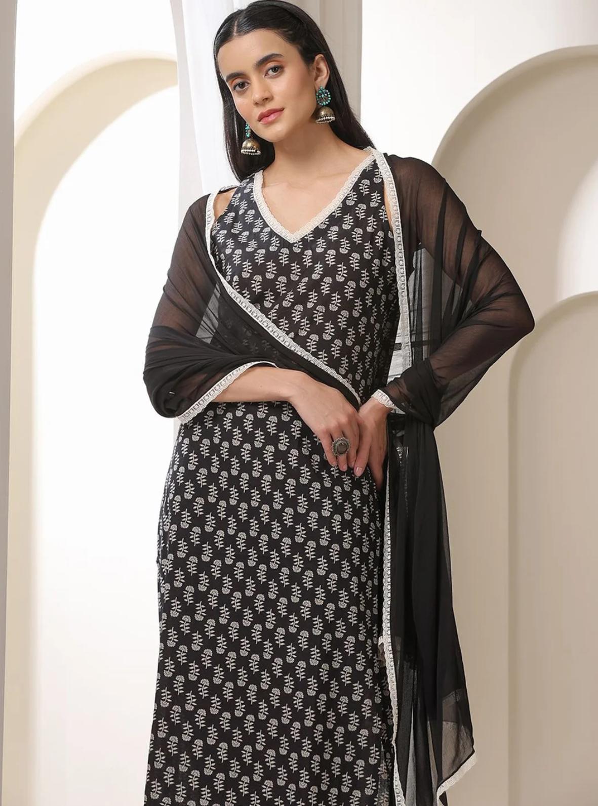LAEMEEO Women's Floral Printed Regular Pure Cotton Kurta with Pant & With Dupatta