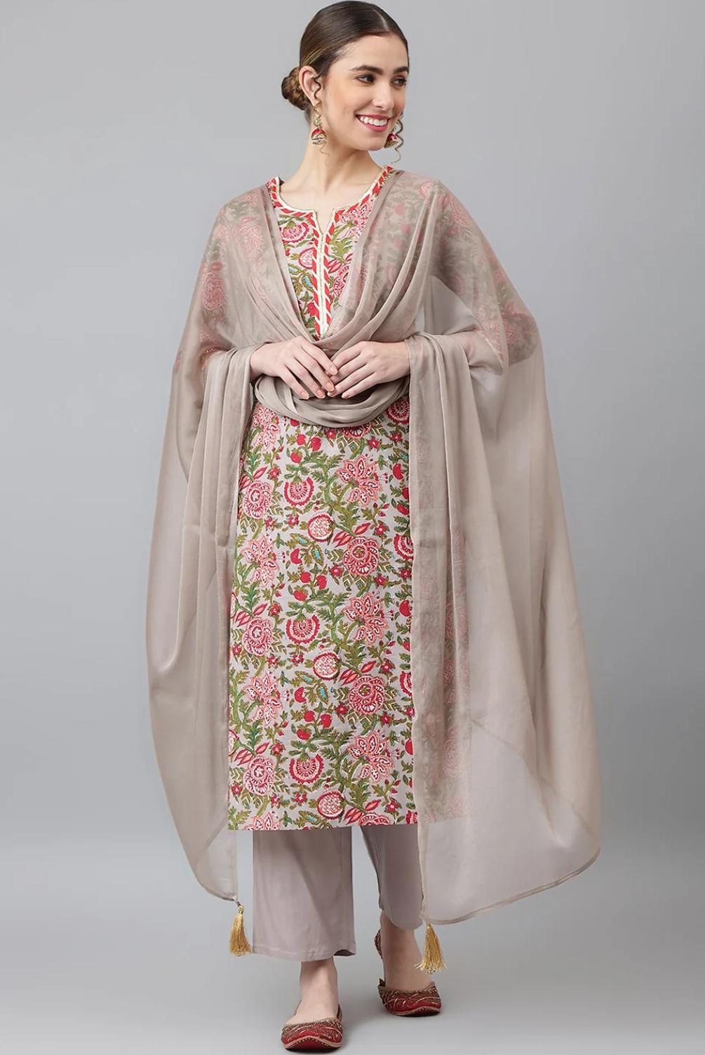 LAEMEEO Women's Grey Floral Printed Kurta with Trousers & With Dupatta