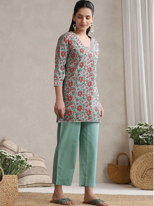 LAEMEEO Floral Printed Cotton V-Neck Tunic With Trouser Co-Ords