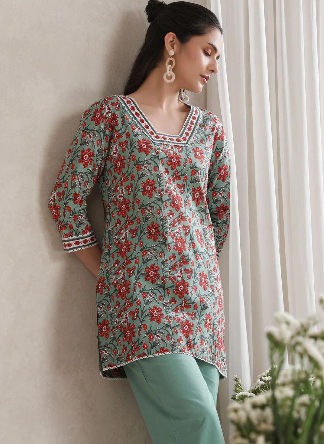 LAEMEEO Floral Printed Cotton V-Neck Tunic With Trouser Co-Ords