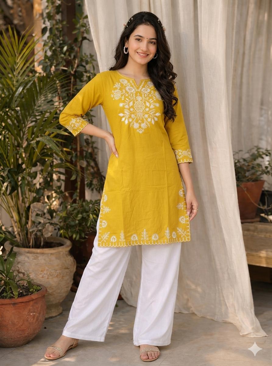 LAEMEEO lemon Yellow Cotton Kurta with White Palazzo Set