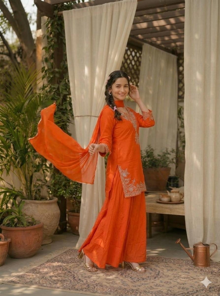 LAEMEEO Orange Embroidered Kurta with Flared Palazzos 3PCS SET