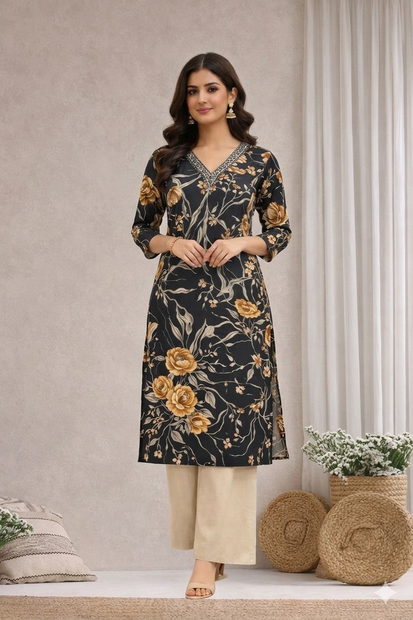 LAEMEEO Floral Printed Straight Kurti
