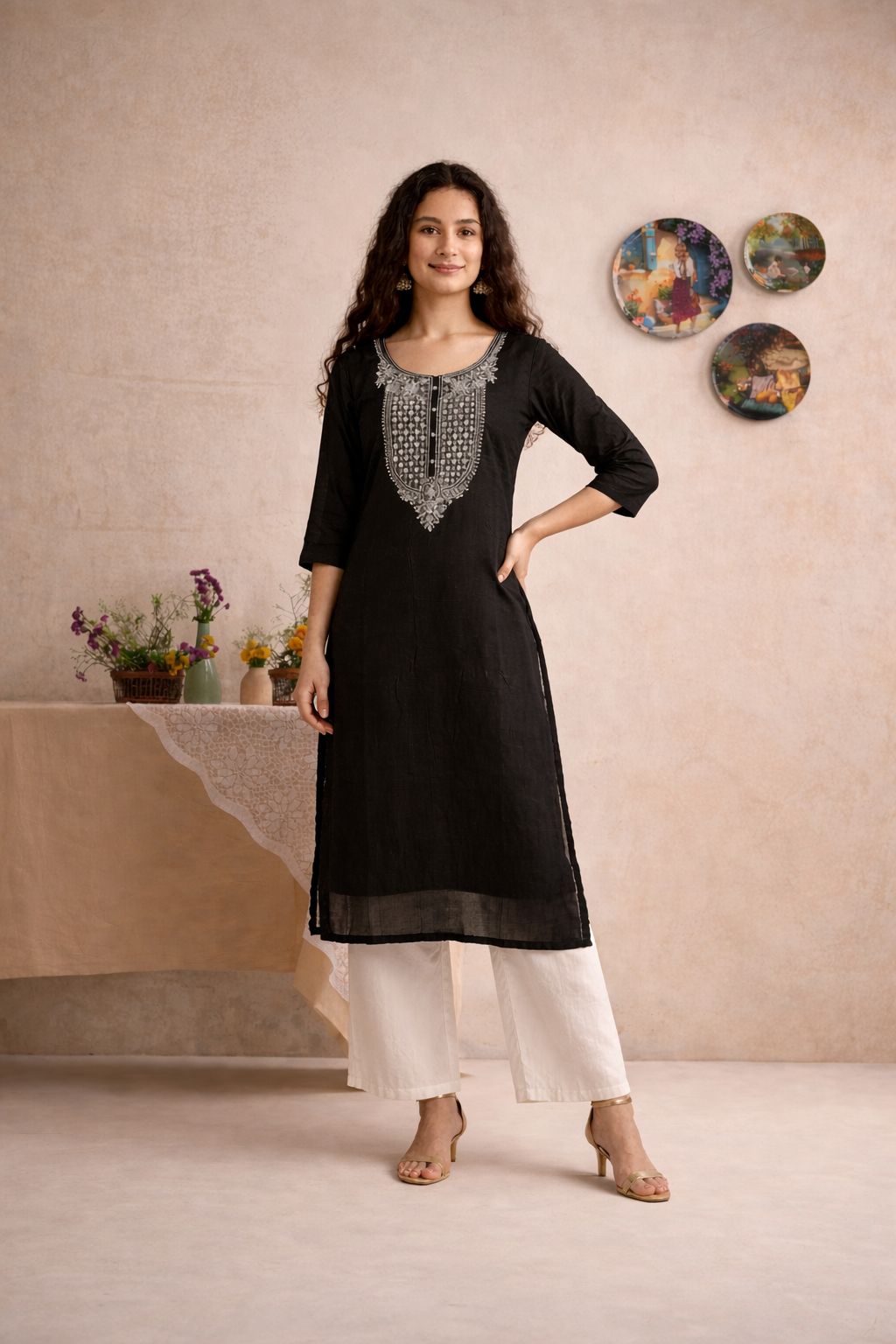 LAEMEEO Black Embroidered Kurti