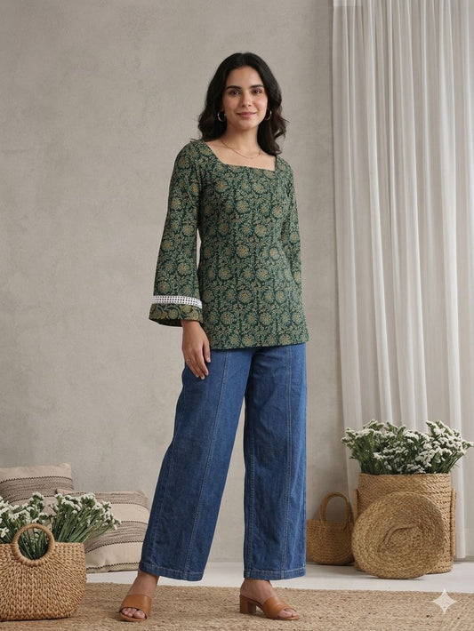 LAEMEEO Dark Green Floral Lace-Up Back Short Kurti