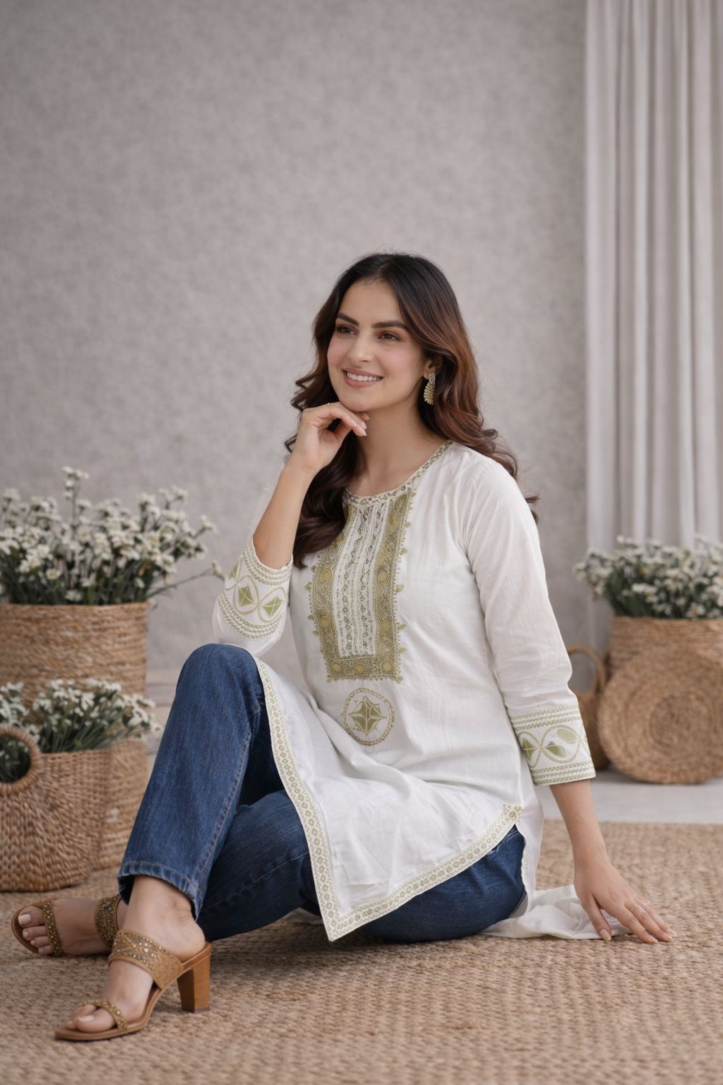 LAEMEEO Women Pure Cotton Embroidered Kurta