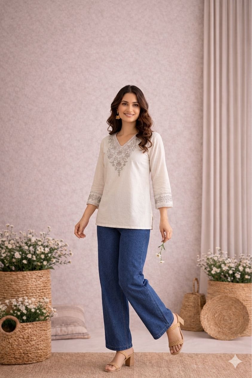 LAEMEEO Women's Cotton Embroidered Short Kurta