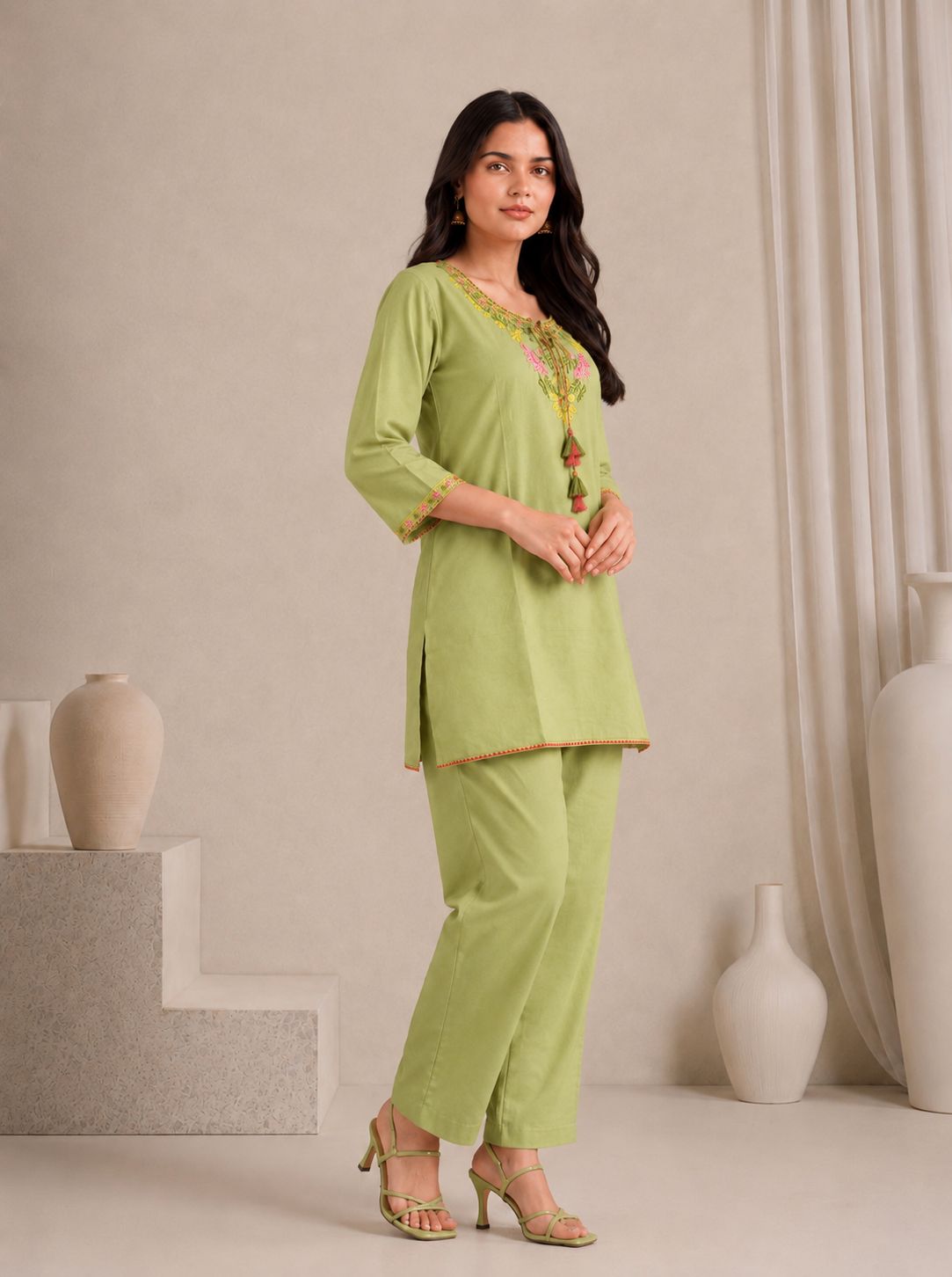 LAEMEEO Green Cotton Kurta with Pants Set