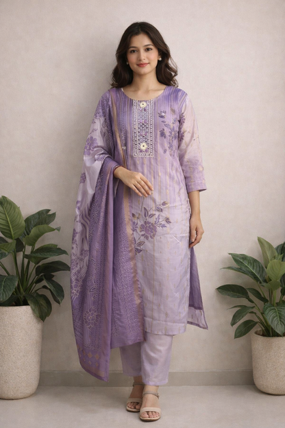 LAEMEEO Women’s Lavender Kurta Set with Dupatta, 3/4 Sleeve Straight Kurta