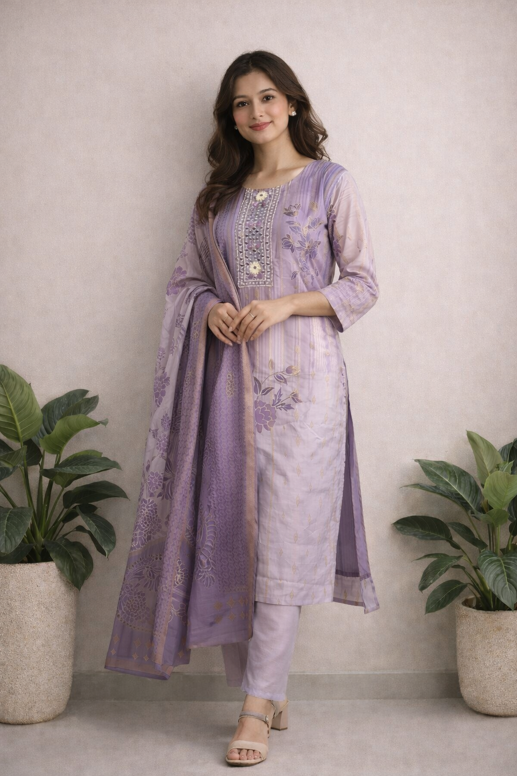 LAEMEEO Women’s Lavender Kurta Set with Dupatta, 3/4 Sleeve Straight Kurta