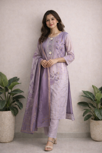 LAEMEEO Women’s Lavender Kurta Set with Dupatta, 3/4 Sleeve Straight Kurta