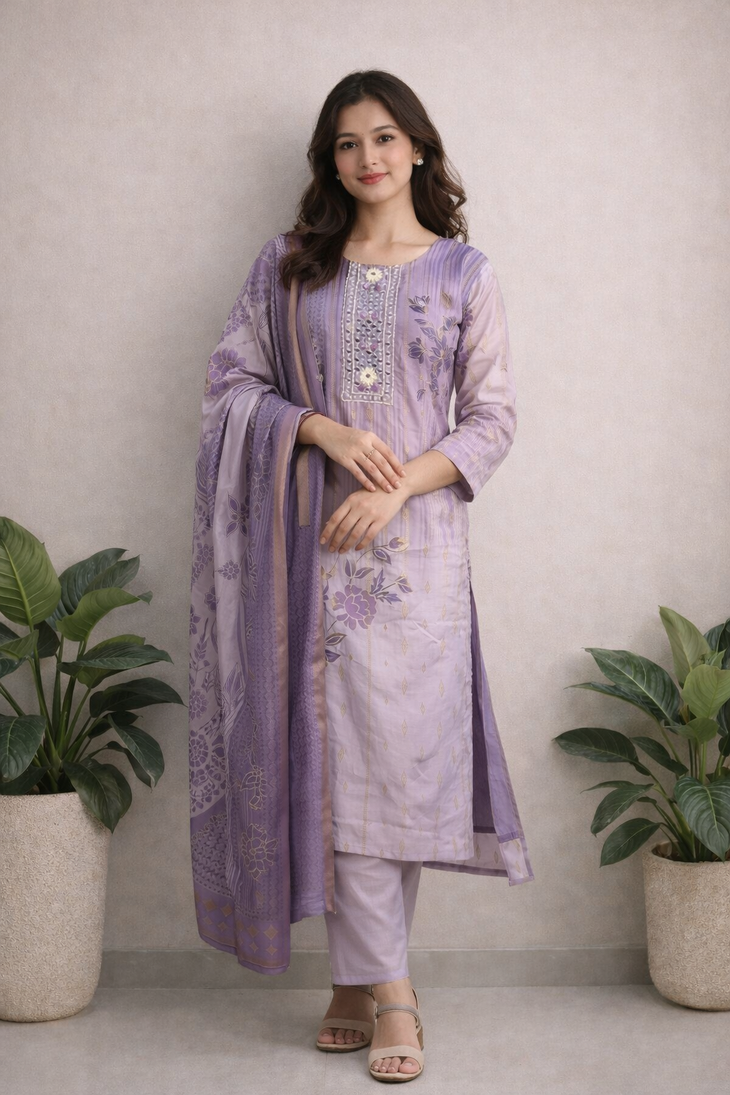 LAEMEEO Women’s Lavender Kurta Set with Dupatta, 3/4 Sleeve Straight Kurta