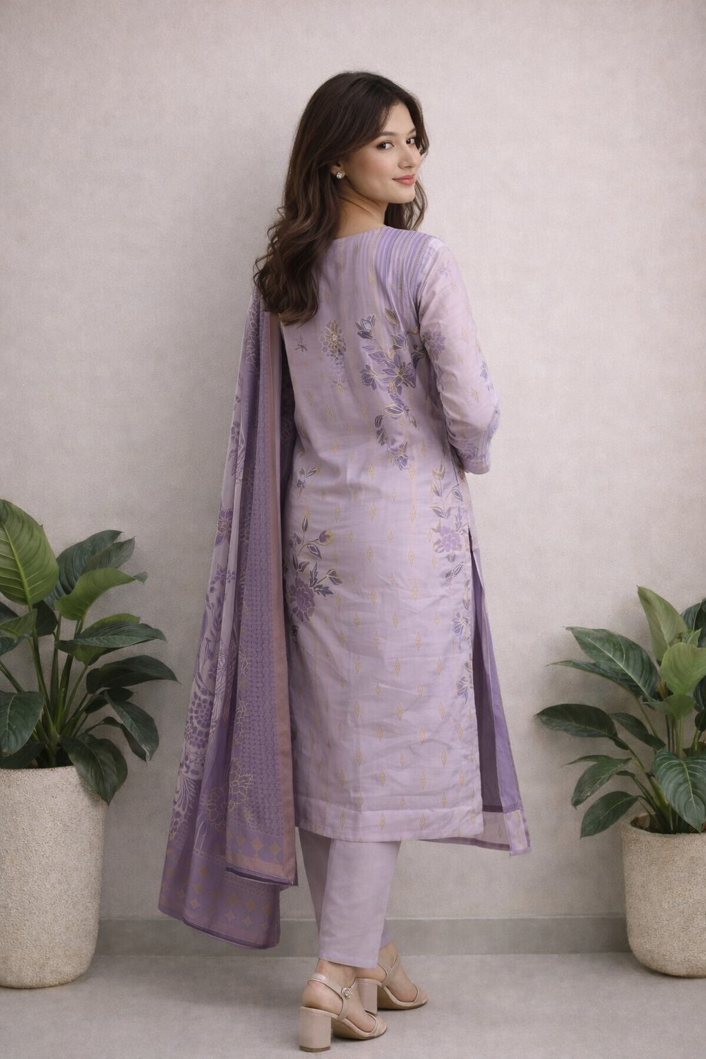 LAEMEEO Women’s Lavender Kurta Set with Dupatta, 3/4 Sleeve Straight Kurta