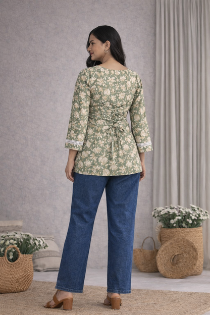 LAEMEEO Sage Green Floral Lace-Up Back Short Kurti