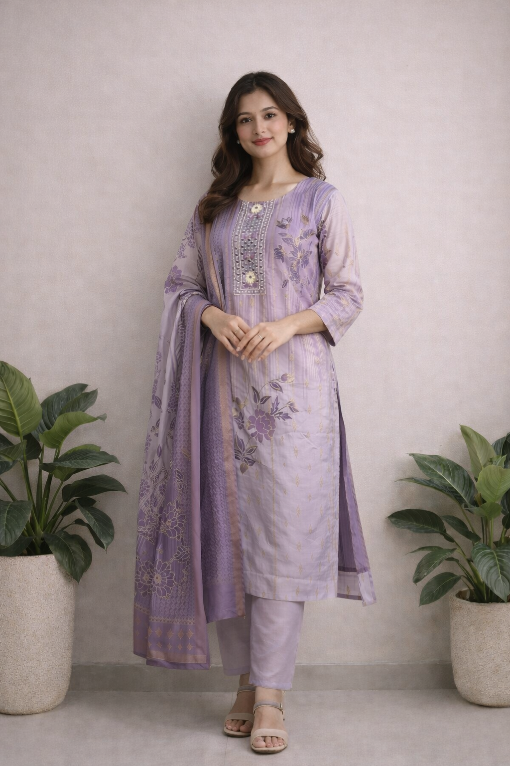 LAEMEEO Women’s Lavender Kurta Set with Dupatta, 3/4 Sleeve Straight Kurta