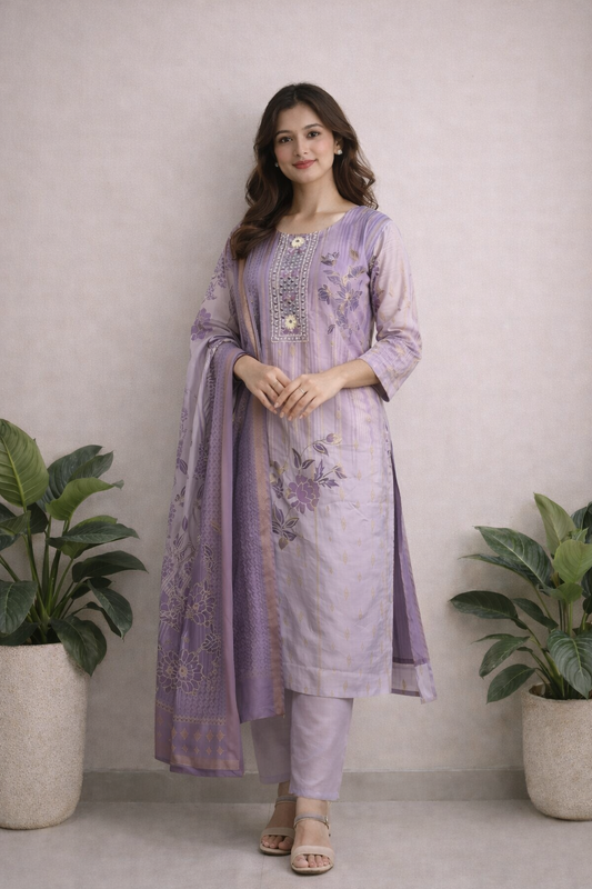 LAEMEEO Women’s Lavender Kurta Set with Dupatta, 3/4 Sleeve Straight Kurta