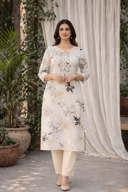 LAEMEEO White Floral Printed Rayon Kurti