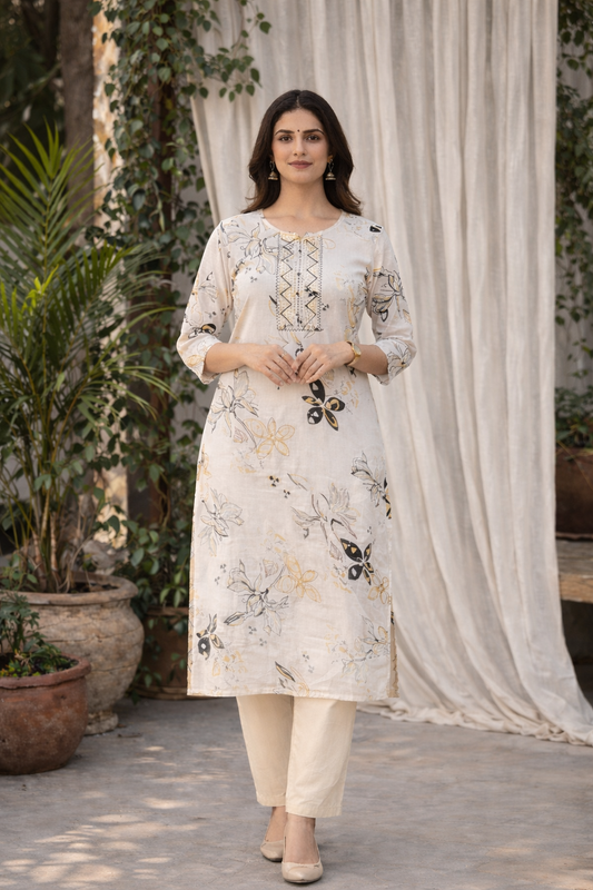 LAEMEEO White Floral Printed Rayon Kurti