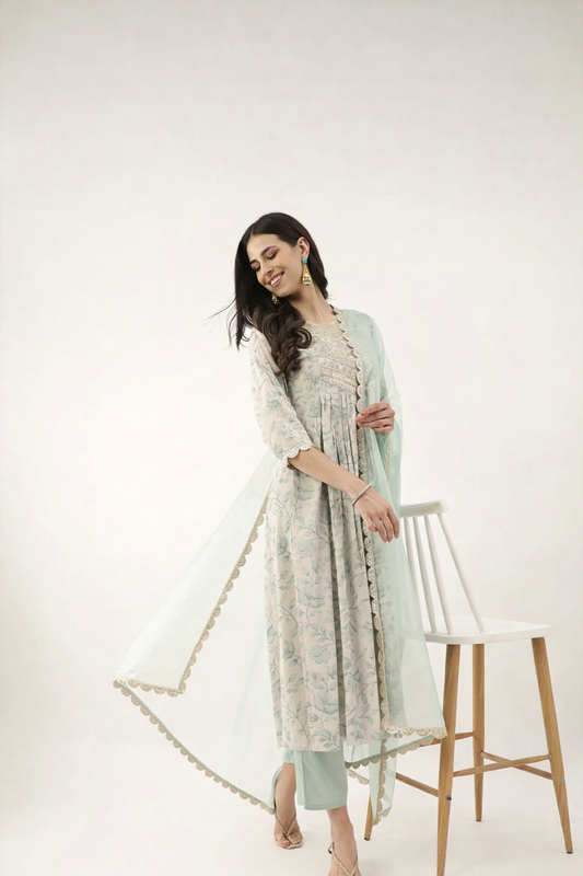 LAEMEEO Women's Floral Printed Empire Thread & Mirror Work Kurta with Pant & Dupatta