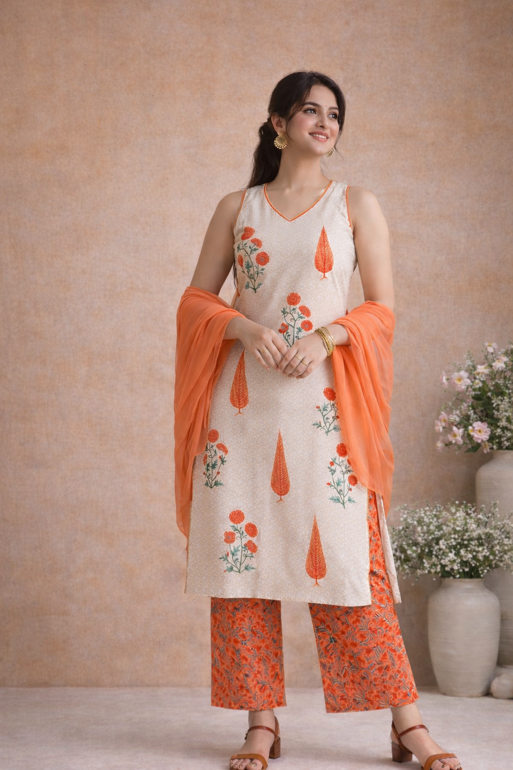 LAEMEEO Women's Floral Printed Pure Cotton Straight Kurta with Pant & With Dupatta