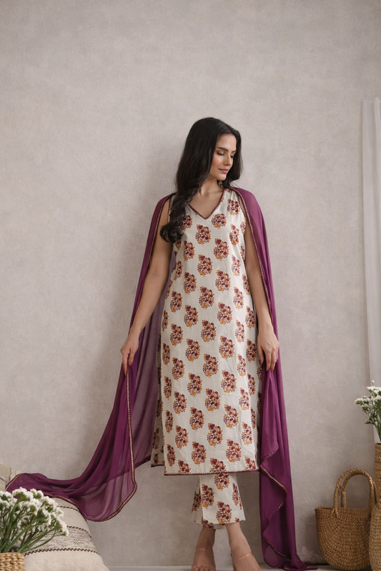 LAEMEEO Women's Floral Printed Regular Pure Cotton Kurta with Pant & With Dupatta