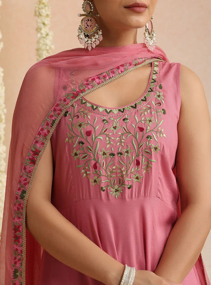 LAEMEEO Women's Embroidered A-Line Kurta with Palazzos & Dupatta