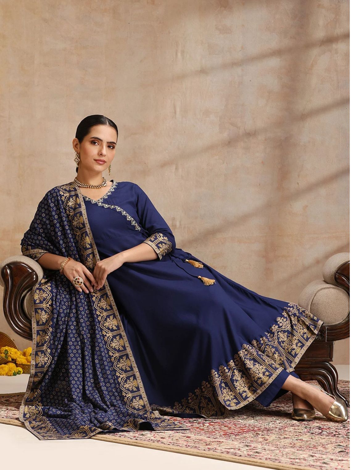 LAEMEEO Women'S Ethnic Motifs Embroidered Angrakha Kurta with Trousers & With Dupatta