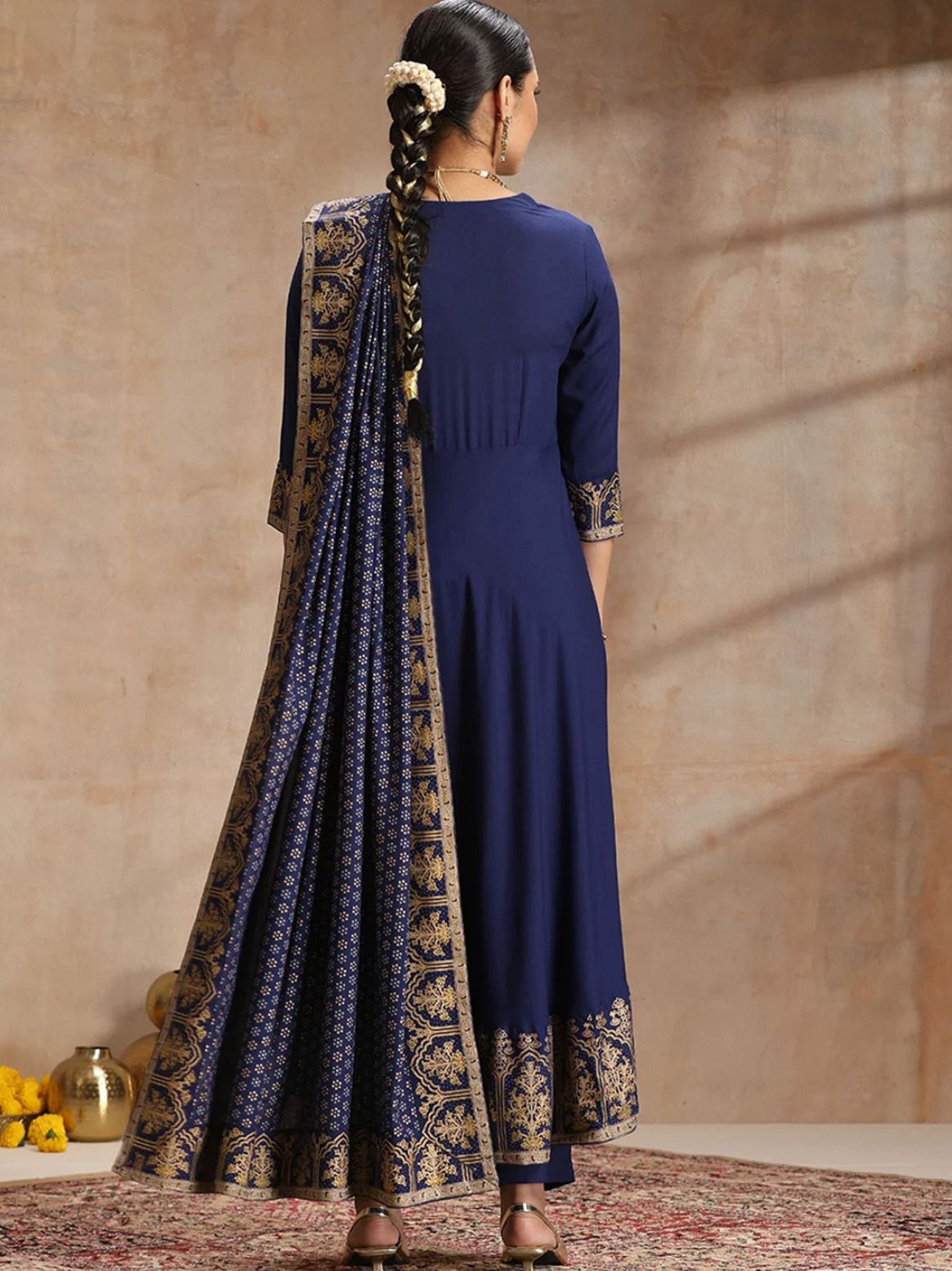 LAEMEEO Women'S Ethnic Motifs Embroidered Angrakha Kurta with Trousers & With Dupatta