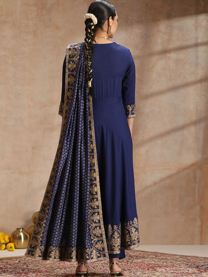 LAEMEEO Women'S Ethnic Motifs Embroidered Angrakha Kurta with Trousers & With Dupatta