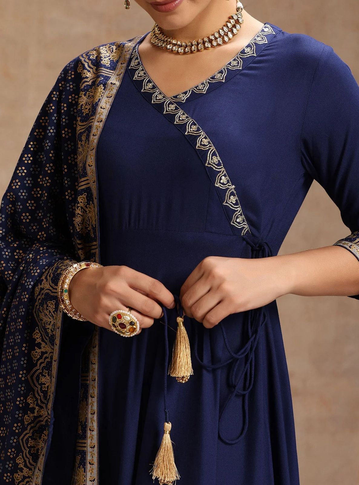 LAEMEEO Women'S Ethnic Motifs Embroidered Angrakha Kurta with Trousers & With Dupatta