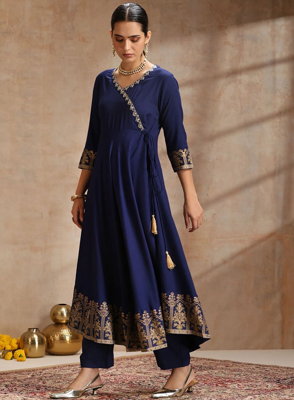 LAEMEEO Women'S Ethnic Motifs Embroidered Angrakha Kurta with Trousers & With Dupatta