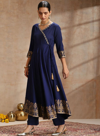 LAEMEEO Women'S Ethnic Motifs Embroidered Angrakha Kurta with Trousers & With Dupatta