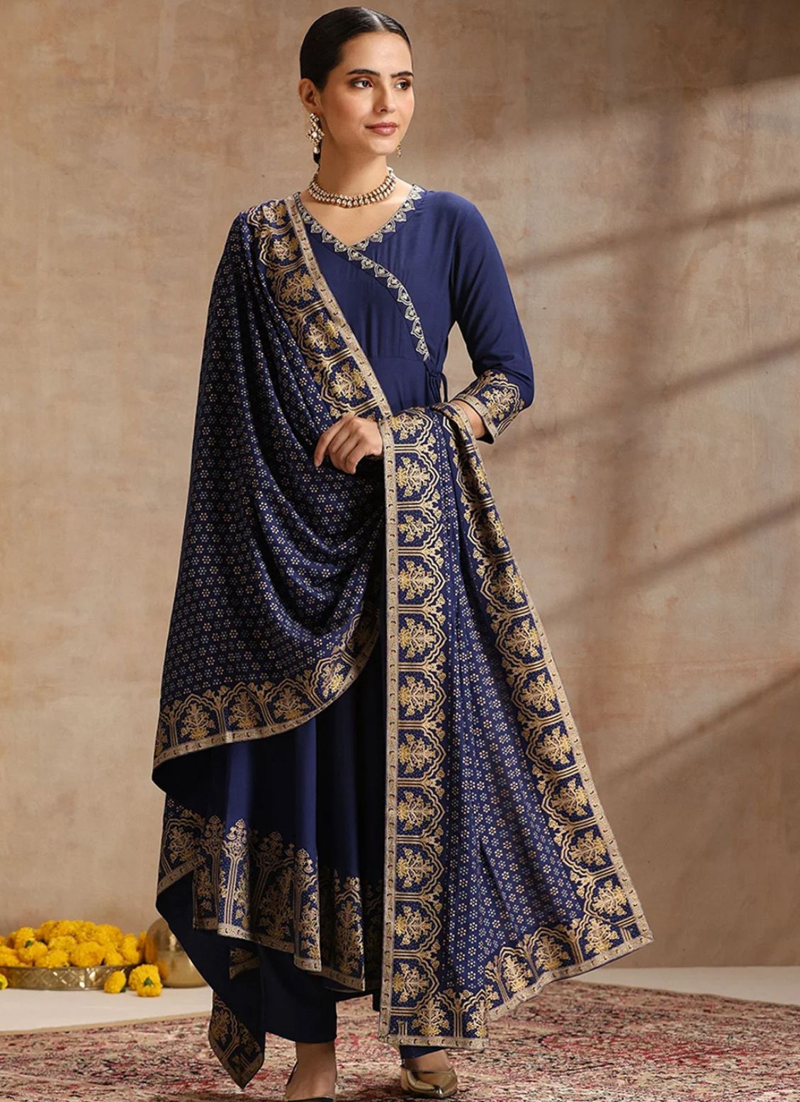 LAEMEEO Women'S Ethnic Motifs Embroidered Angrakha Kurta with Trousers & With Dupatta