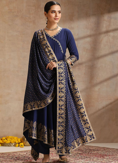 LAEMEEO Women'S Ethnic Motifs Embroidered Angrakha Kurta with Trousers & With Dupatta