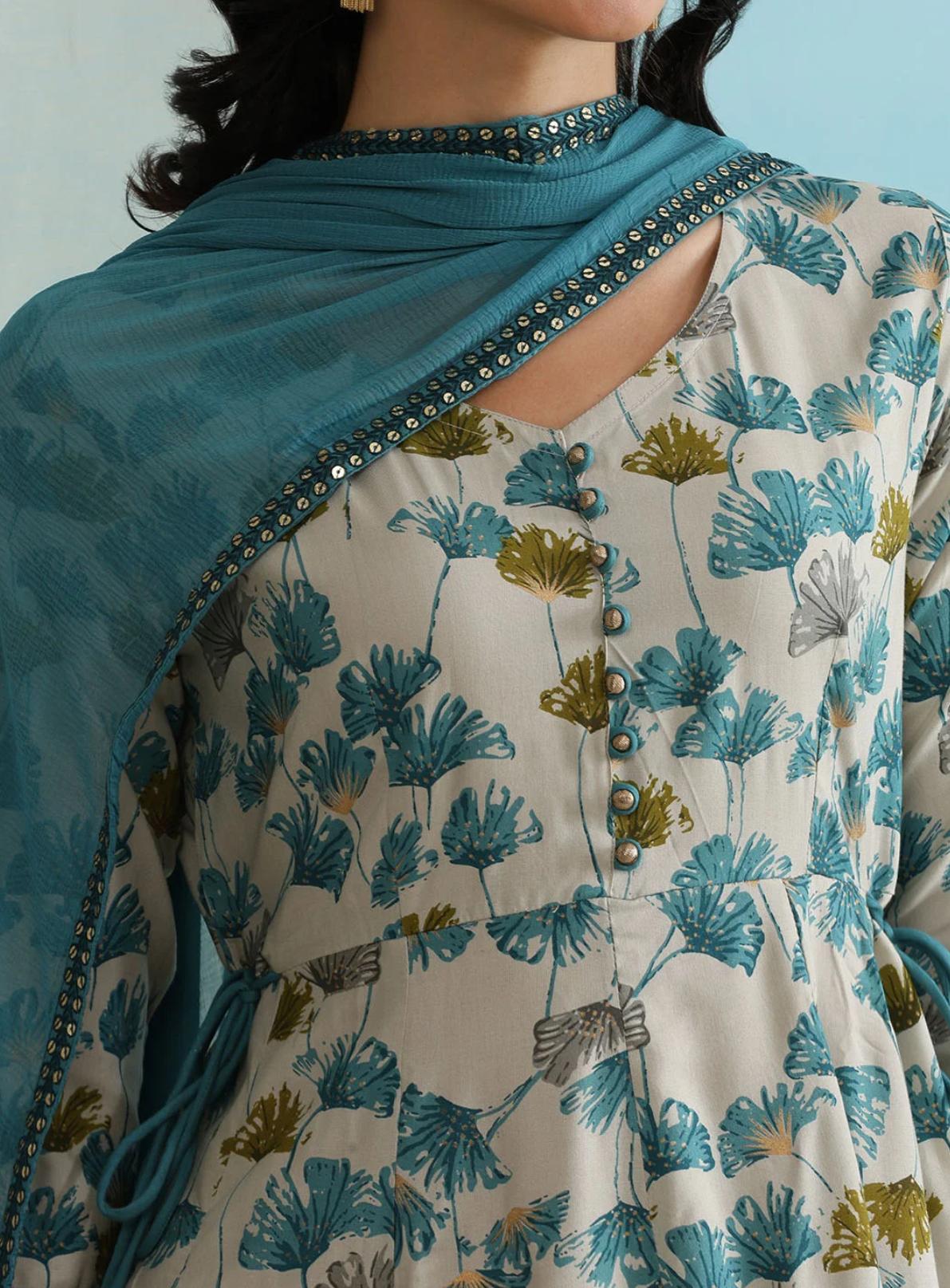 LAEMEEO Womens's Floral Printed Empire Kurta with Pant & With Dupatta