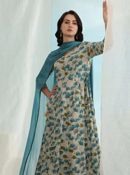 LAEMEEO Womens's Floral Printed Empire Kurta with Pant & With Dupatta