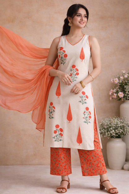 LAEMEEO Women's Floral Printed Pure Cotton Straight Kurta with Pant & With Dupatta