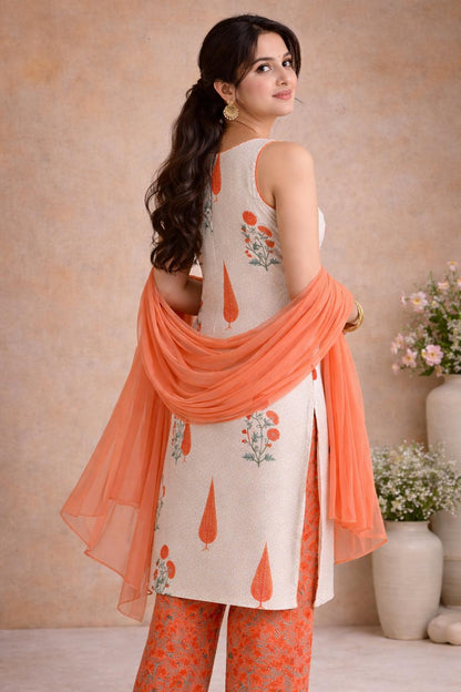 LAEMEEO Women's Floral Printed Pure Cotton Straight Kurta with Pant & With Dupatta
