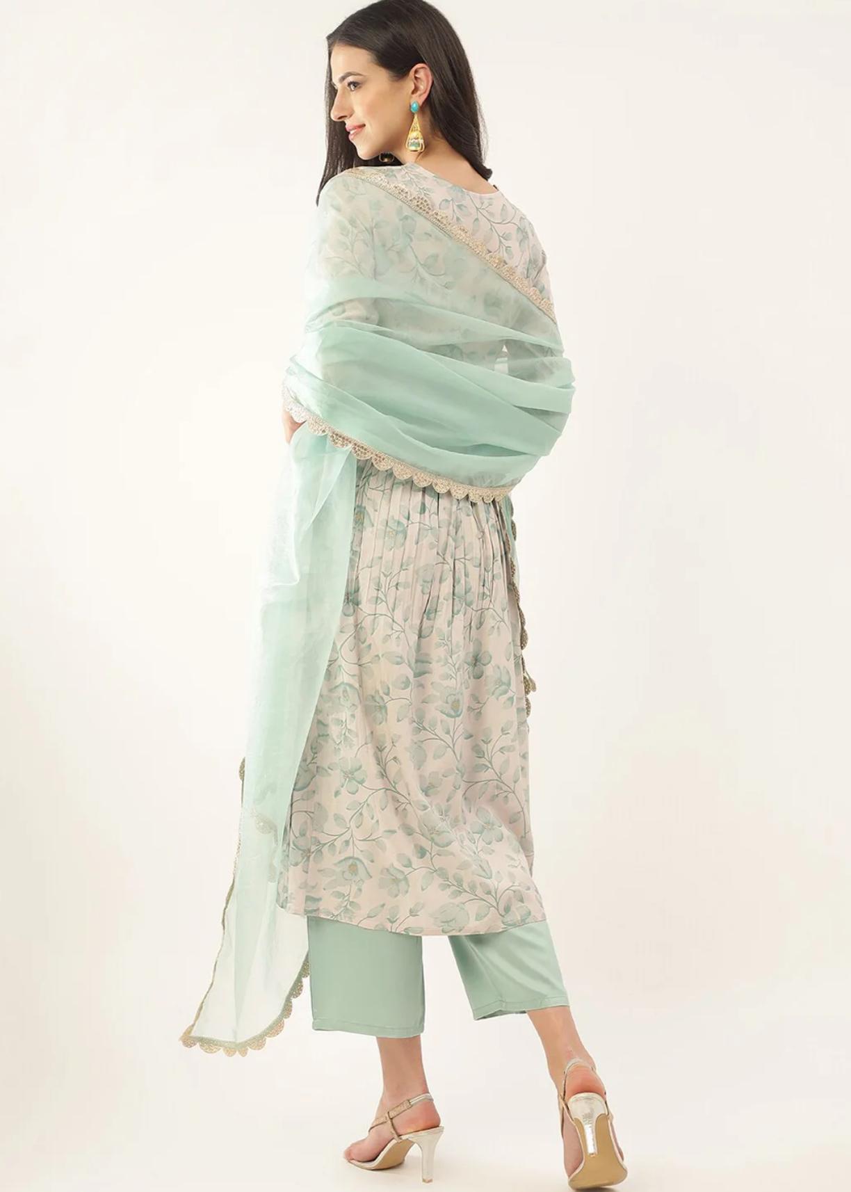LAEMEEO Women's Floral Printed Empire Thread & Mirror Work Kurta with Pant & Dupatta