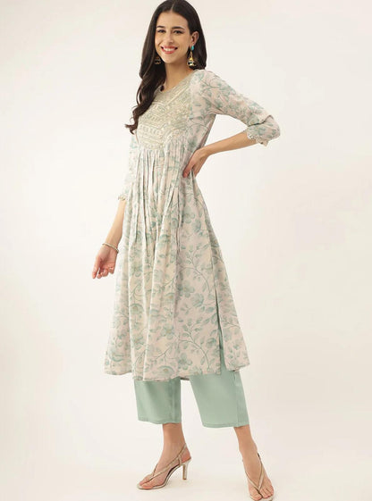 LAEMEEO Women's Floral Printed Empire Thread & Mirror Work Kurta with Pant & Dupatta