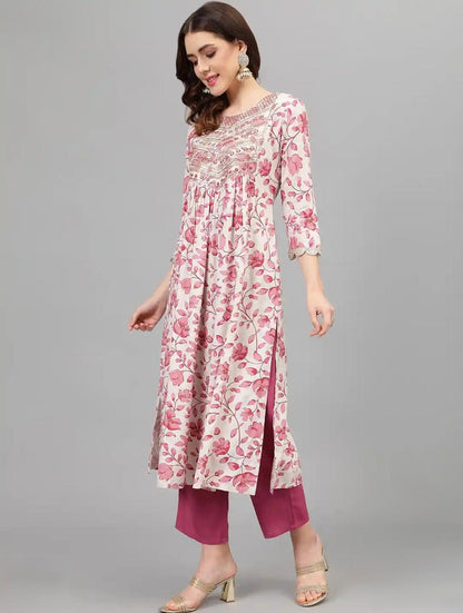 LAEMEEO Womens's Floral Printed Thread Work Kurta & Trousers With Dupatta