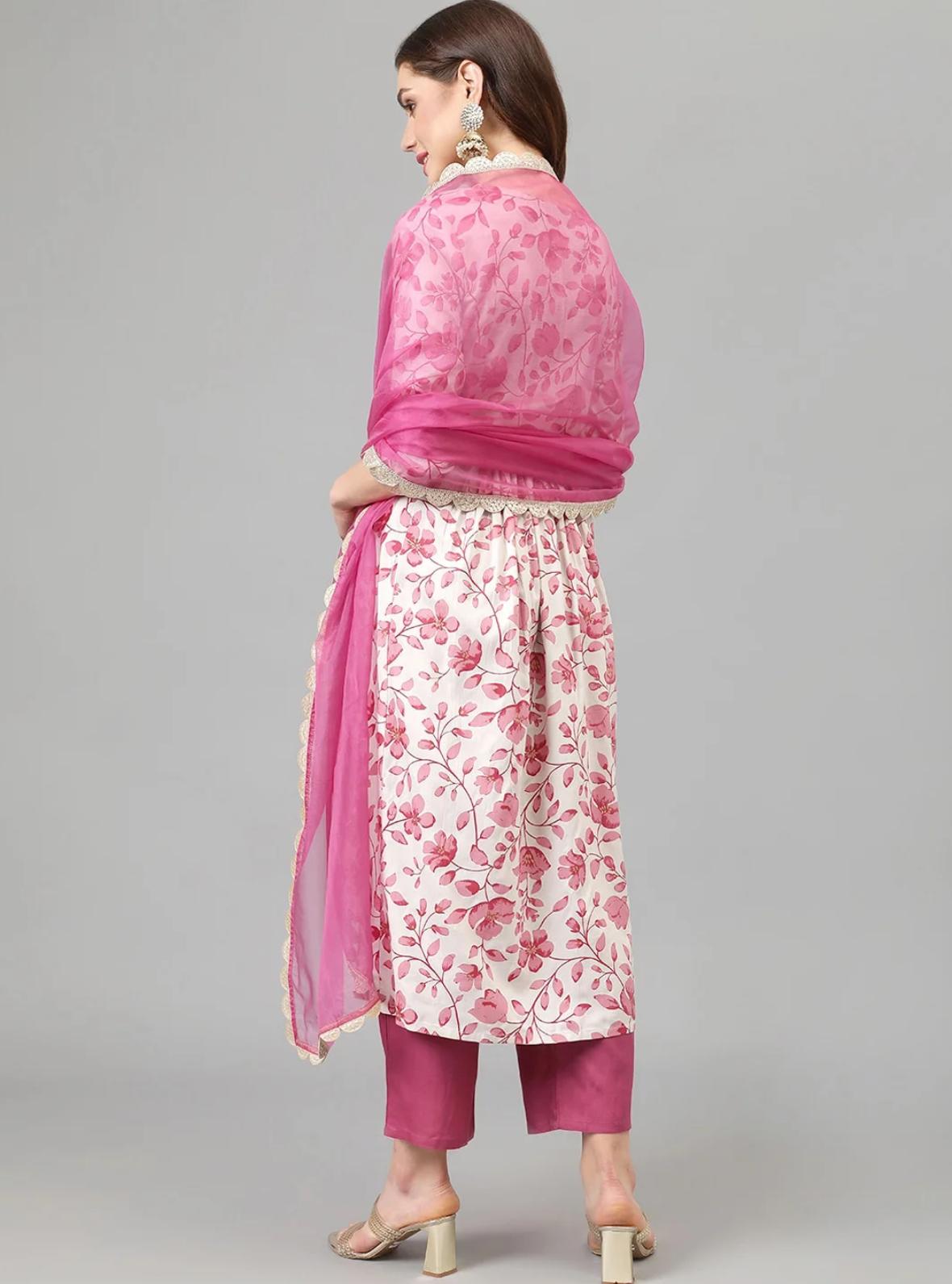 LAEMEEO Womens's Floral Printed Thread Work Kurta & Trousers With Dupatta
