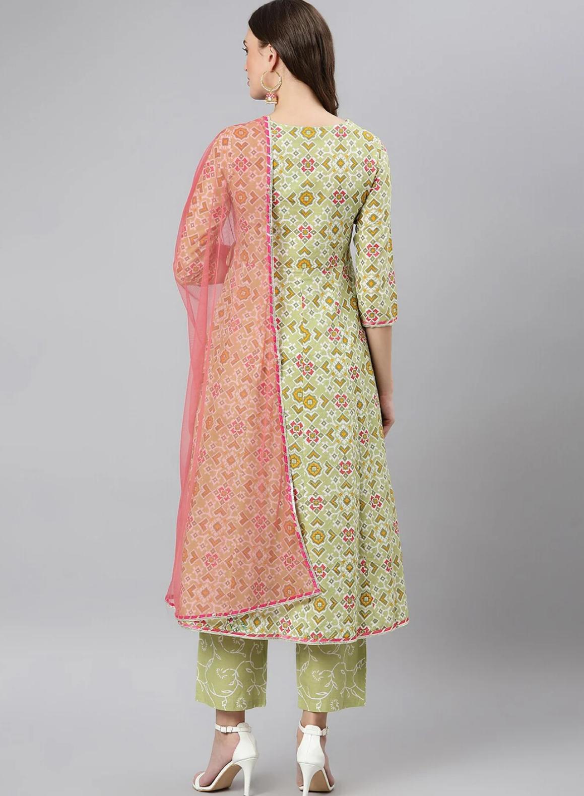LAEMEEO Women's Green & Pink Printed Pure Cotton Kurta with Pant & Dupatta