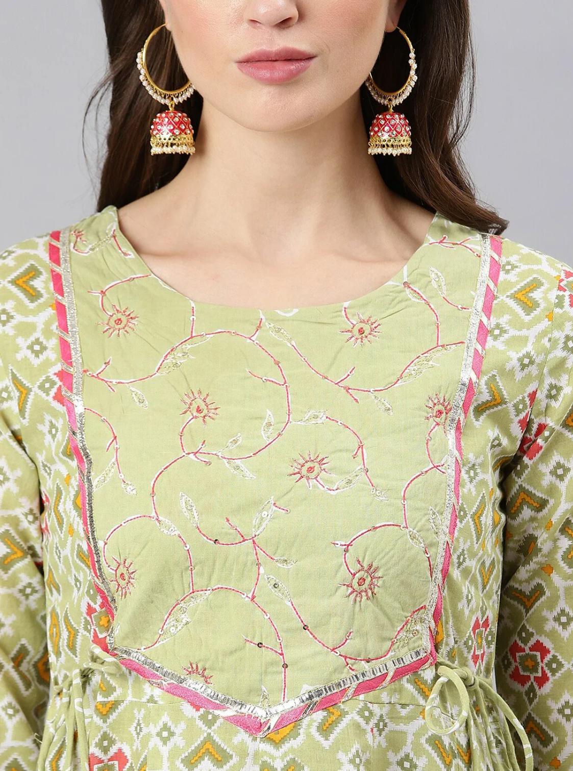 LAEMEEO Women's Green & Pink Printed Pure Cotton Kurta with Pant & Dupatta