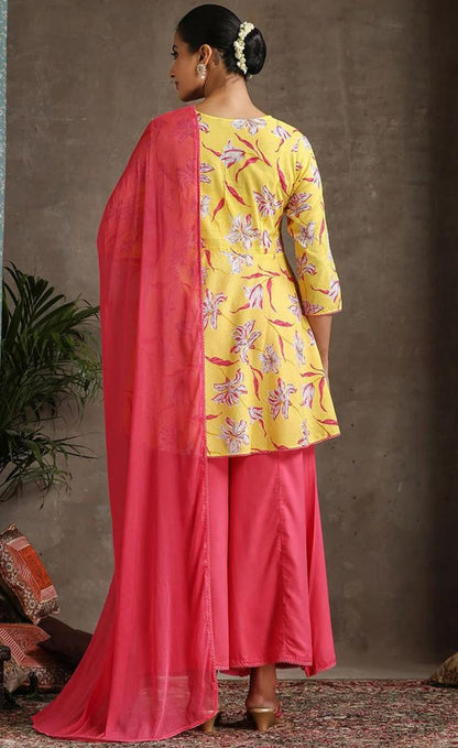 LAEMEEO Women's Floral Printed Regular Pure Cotton Kurti with Palazzos & With Dupatta