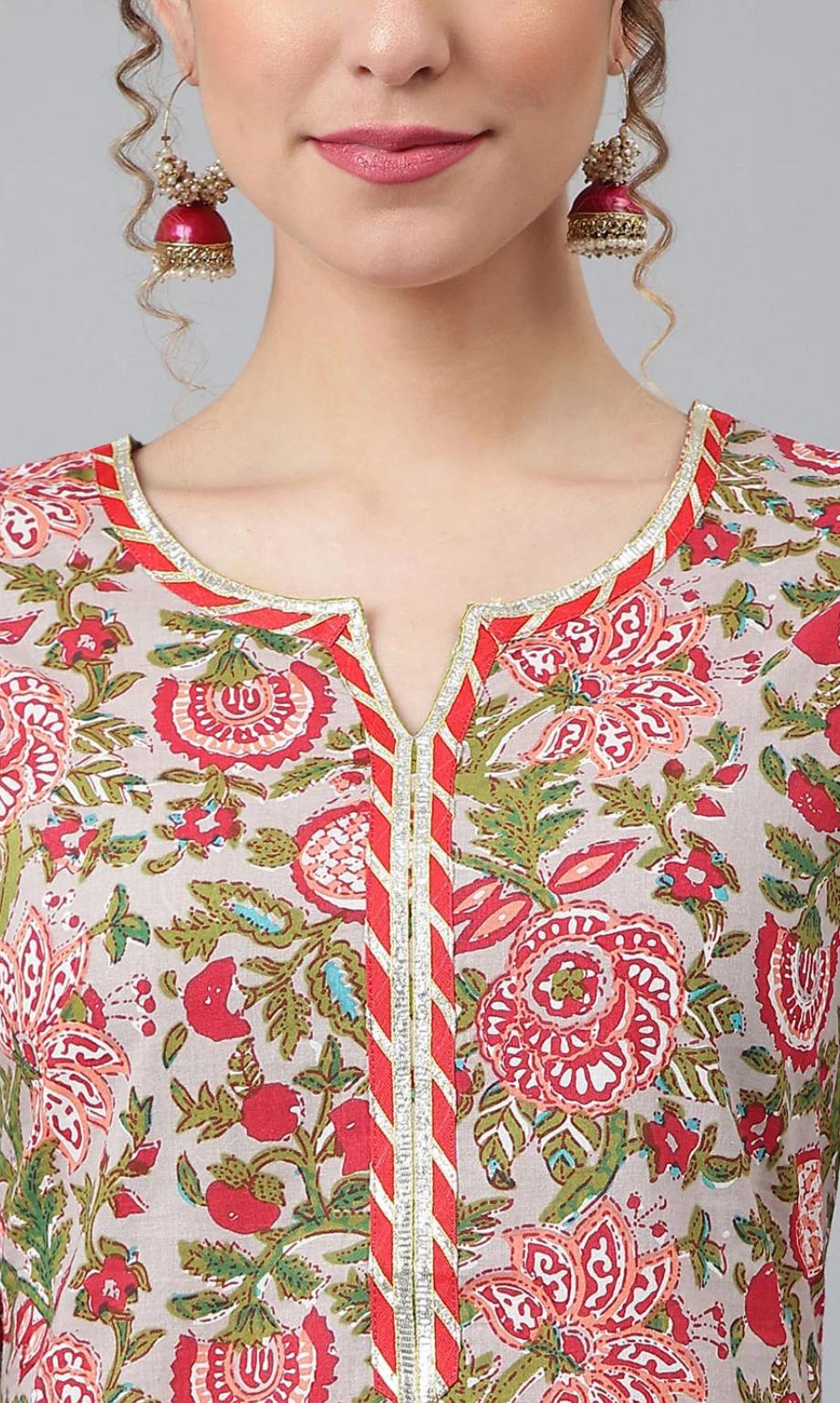 LAEMEEO Women's Grey Floral Printed Kurta with Trousers & With Dupatta