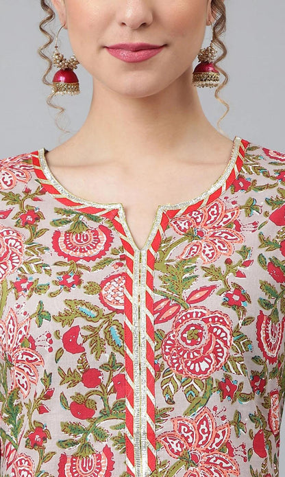 LAEMEEO Women's Grey Floral Printed Kurta with Trousers & With Dupatta