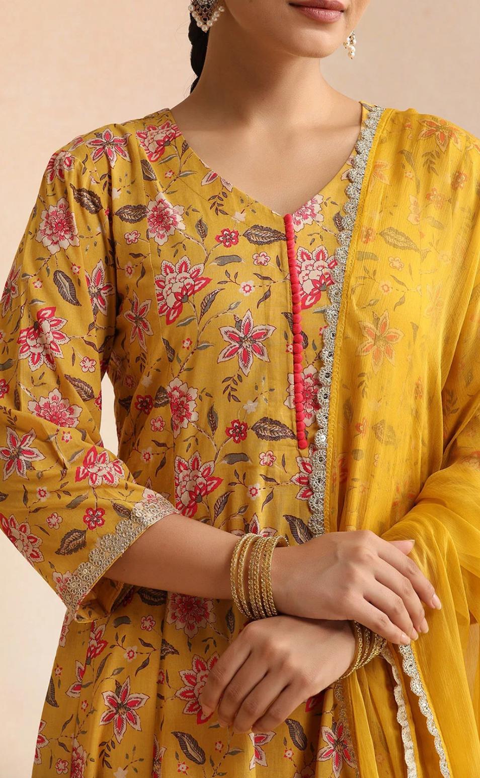 LAEMEEO Women's Floral Printed Cotton A-Line Kurta with Trousers & Dupatta